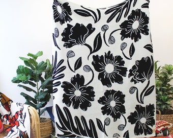 Floral Merino Wool Blanket in Black & White - Flower and Leaf Pattern Print Design - Nature Inspired Neutral Throw Blanket