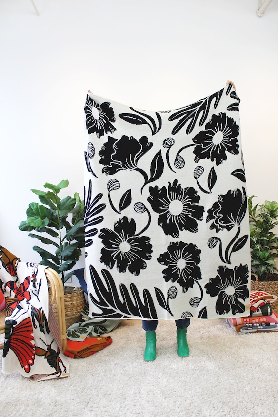 Floral Merino Wool Blanket in Black White Flower and Leaf Pattern Print Design Nature Inspired Neutral Throw Blanket Etsy Canada