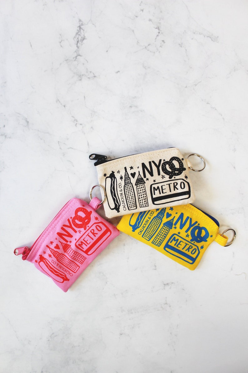 New York Screen Printed Zipper Card Pouch with Key Ring NYC Coin Pouch Metro Card Holder New York Keychain Zipper Wallet image 1