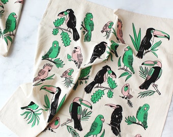 Birdies of Paradise Screen Printed Tea Towel - Tropical Home Decor Bird Print