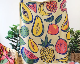 Tropical Fruit Salad Knit Blanket in Peach - Mango Banana Pineapple - Fruits Print - Housewarming Pineapple - Fruit Decor