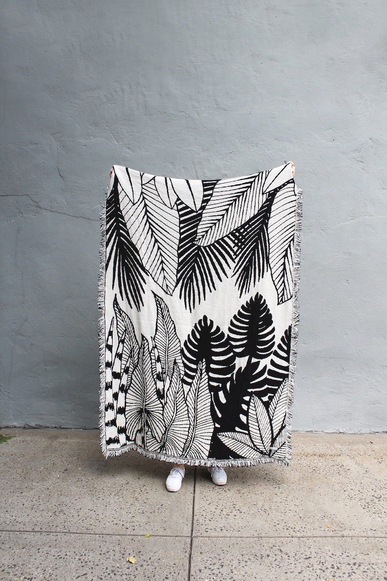 Tropical Jungle Black and White Reversible Throw Blanket Housewarming Gift House Plants Living Room Couch Blanket Bedroom Decor image 1