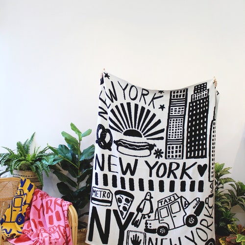 New York Knit Throw Blanket Classic Black and White Decor Etsy