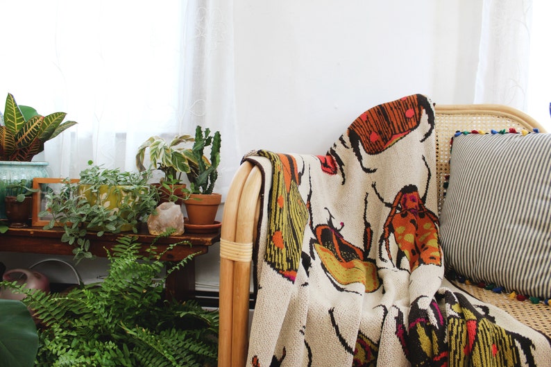 Beetle Knit Throw Blanket Boho Colorful Home Decor Insect Pattern Blanket Beetles Artwork for Home Apartment Living Room image 7