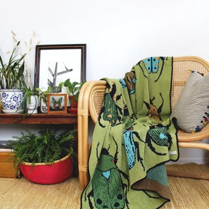 Beetle Knit Throw Blanket in Green Summer Field Boho Colorful Home Deco Artwork for Home Apartment Living Room image 2