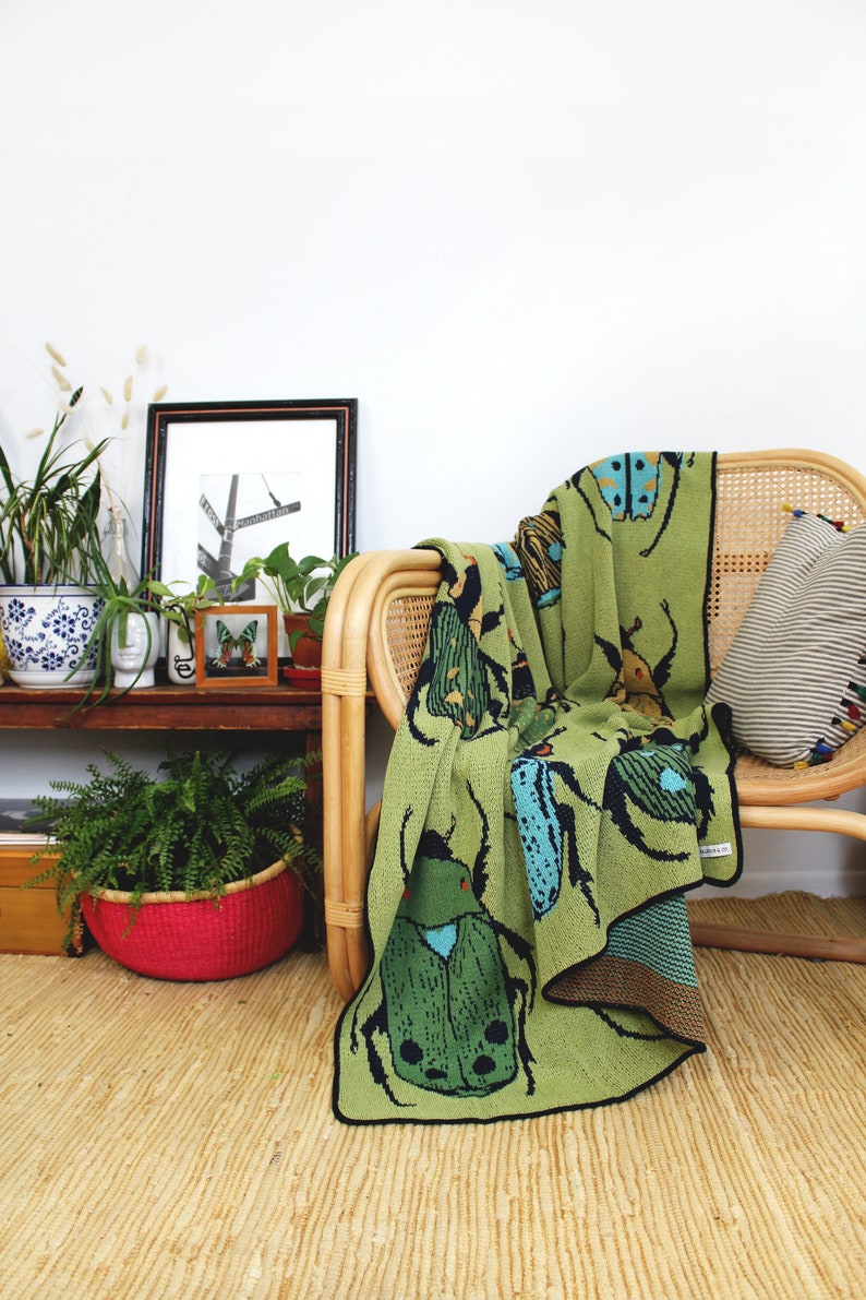 Beetle Knit Throw Blanket in Green Summer Field Boho Colorful Home Deco Artwork for Home Apartment Living Room image 2