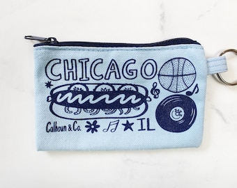 Chicago Screen Printed Zipper Card Pouch with Key Ring - Chicago Coin Pouch - Chicago Coin Purse - Chicago Keychain - Zipper Wallet