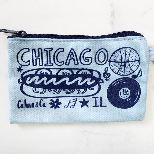Chicago Screen Printed Zipper Card Pouch with Key Ring - Chicago Coin Pouch - Chicago Coin Purse - Chicago Keychain - Zipper Wallet