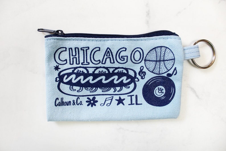 Chicago Screen Printed Zipper Card Pouch with Key Ring Chicago Coin Pouch Chicago Coin Purse Chicago Keychain Zipper Wallet image 1