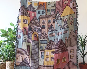 Hillside Village Multi-Color Tapestry Blanket - Houses Throws - Housewarming Gift - Bohemian Colorful Home Decor