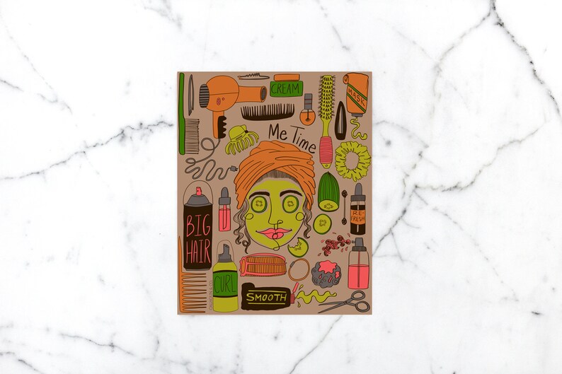 May include: A brown illustrated card with a woman's face in the center. The woman has green skin and is wearing a bright orange turban. The card is surrounded by various hair care and beauty products, including a hair dryer, combs, hair ties, and bottles of hair products. The text "Me Time" is written in black letters at the top of the card.
