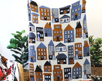 Neighborhood Houses Homes Merino Wool Blanket in Seaside - Blue, Gold, Brown - Housewarming Gift