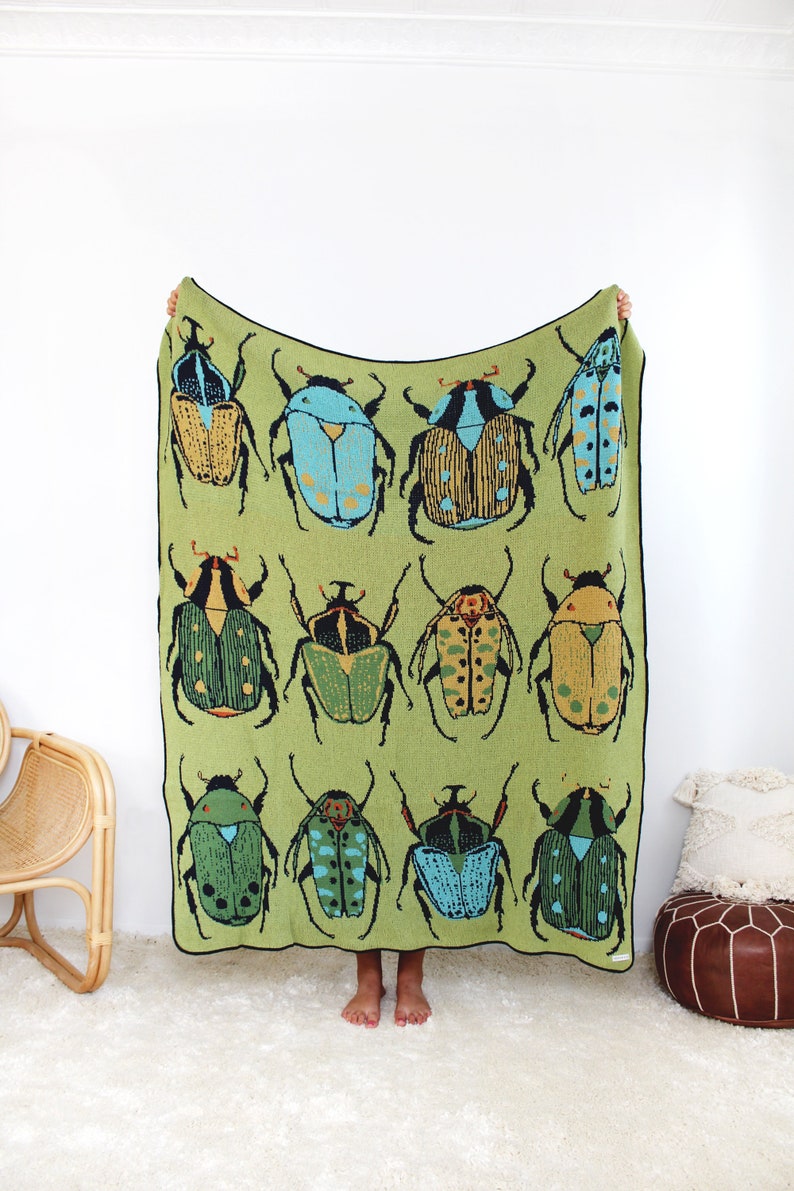 Beetle Knit Throw Blanket in Green Summer Field Boho Colorful Home Deco Artwork for Home Apartment Living Room image 1
