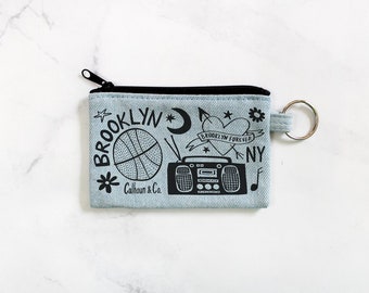 Brooklyn Screen Printed Zipper Card Pouch with Key Ring - Brooklyn Coin Pouch - Metro Card Holder - New York Keychain - Zipper Wallet