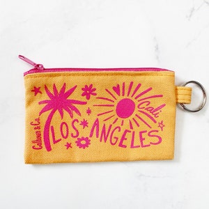 Los Angeles Screen Printed Zipper Card Pouch with Key Ring - Los Angeles Coin Pouch - LA Coin Purse - Los Angeles Keychain - Zipper Wallet