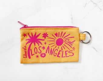 Los Angeles Screen Printed Zipper Card Pouch with Key Ring - Los Angeles Coin Pouch - LA Coin Purse - Los Angeles Keychain - Zipper Wallet