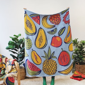 Tropical Fruit Salad Knit Blanket in Blueberry - Mango Banana Pineapple - Fruits Print - Housewarming Pineapple - Fruit Decor