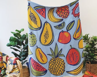 Tropical Fruit Salad Knit Blanket in Blueberry - Mango Banana Pineapple - Fruits Print - Housewarming Pineapple - Fruit Decor