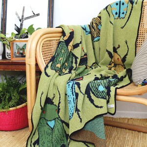 Beetle Knit Throw Blanket in Green Summer Field Boho Colorful Home Deco Artwork for Home Apartment Living Room image 4