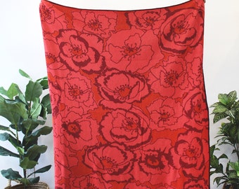 Poppy Field Knit Blanket - Red Gold Rust Maroon Throw - Floral Blanket