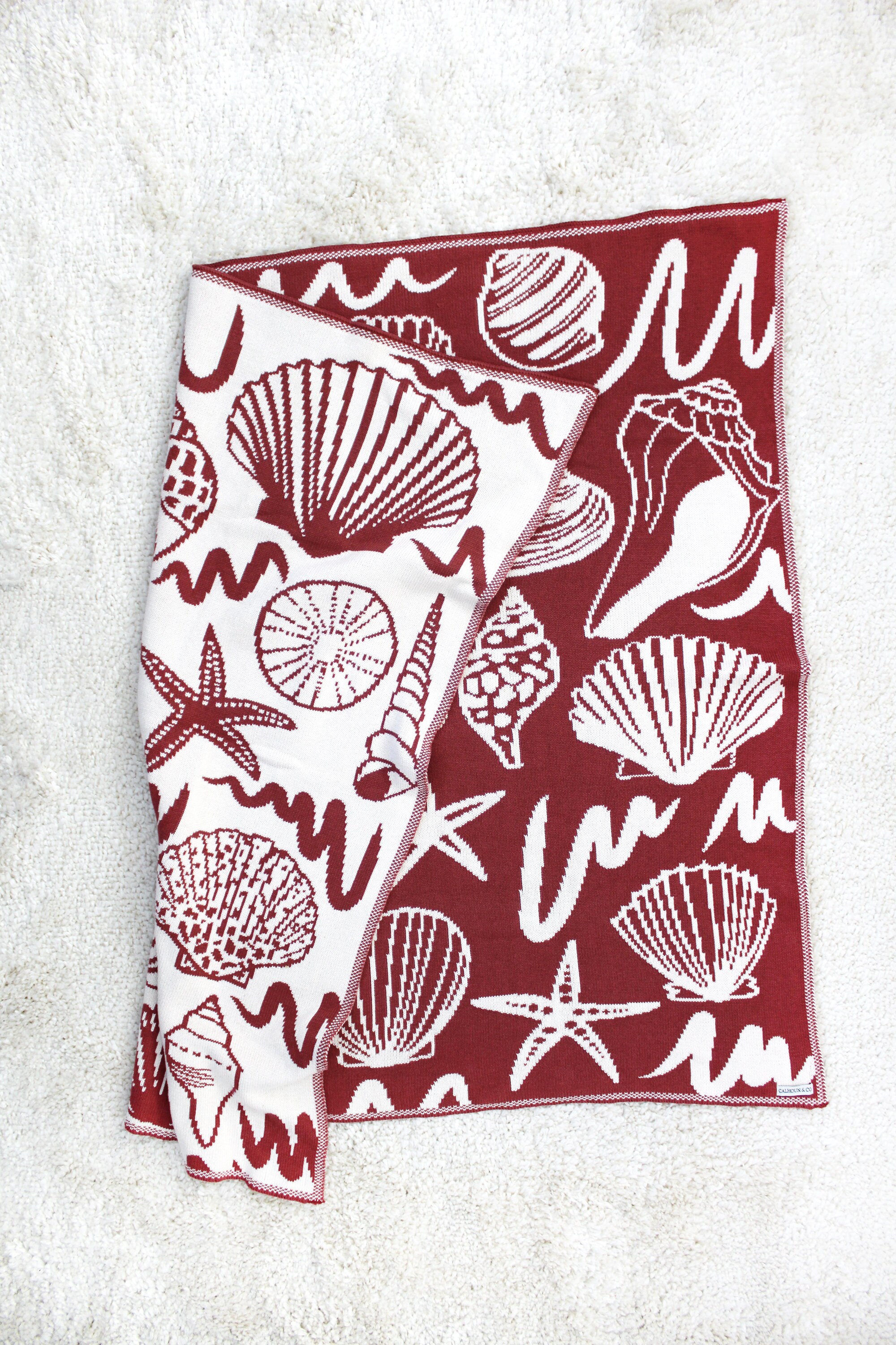 Seashell Cotton Blanket in Nautical Red - Beach House Decor - Under The Sea Throw store - Classic Living Room - House Warming Gift Ideas