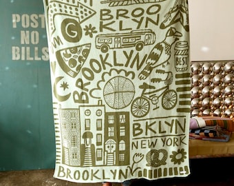 Brooklyn - New York Knit Throw Blanket in G Train - Classic Decor - Cozy Gifts - New York City Print - Olive Green and Sage