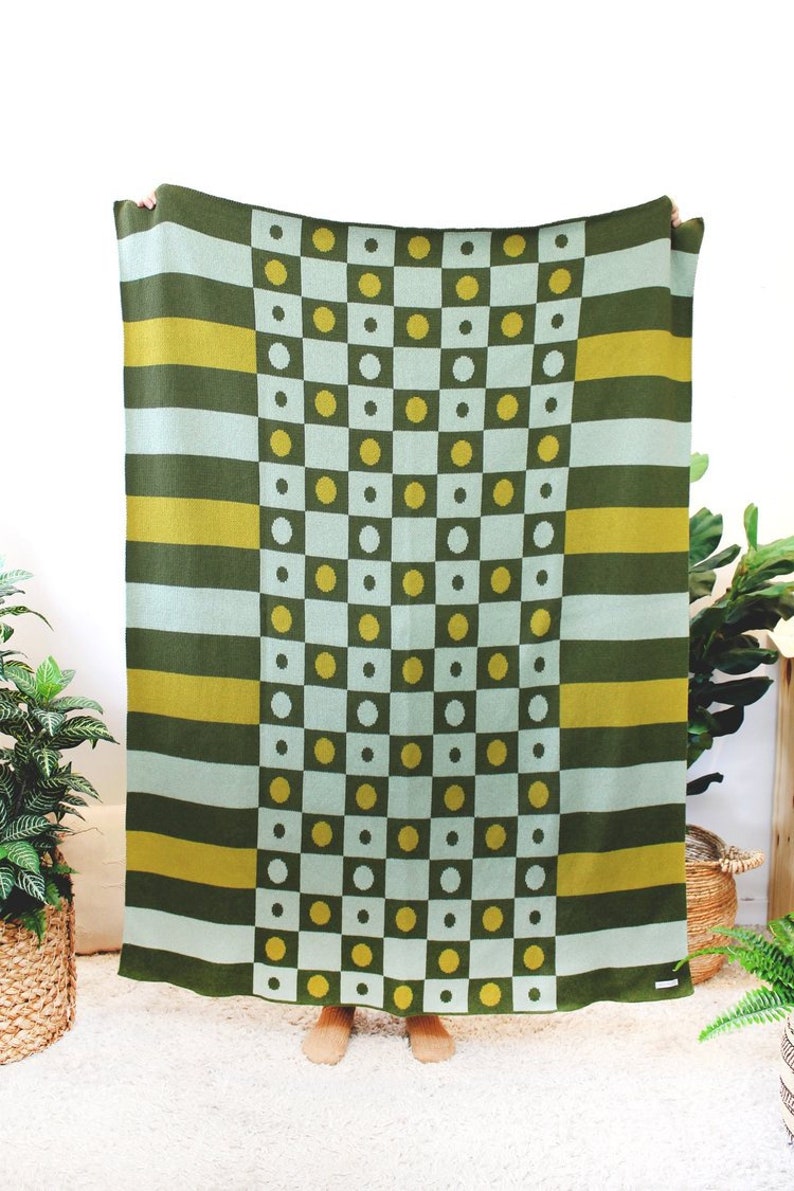 Checkmate Knit Blanket Checkerboard Knit Blanket Blue Green Checkered Throw Blanket Decor Picnic Blanket Checkered Knit Throw image 1