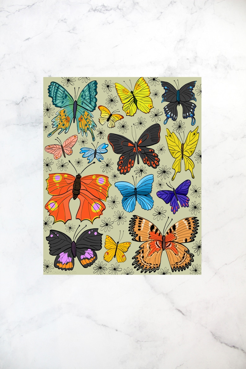 May include: A colorful illustration of butterflies on a green background. The butterflies are in various colors, including blue, yellow, orange, red, and black. The butterflies are arranged in a random pattern, and some of them are overlapping.