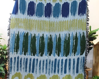 Manta de tapiz de muestras de pintura - Decoración colorida del hogar boho - Decoración única del hogar - Manta de lanzamiento abstracto - Azul - Verde - Rayas de pintura