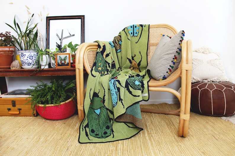 Beetle Knit Throw Blanket in Green Summer Field Boho Colorful Home Deco Artwork for Home Apartment Living Room image 3