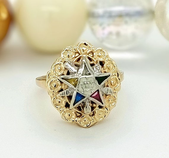 Vintage Eastern Star Enamel Colored Stones Ring - image 2