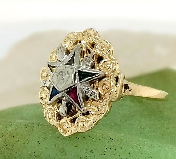 Vintage Eastern Star Enamel Colored Stones Ring - image 4