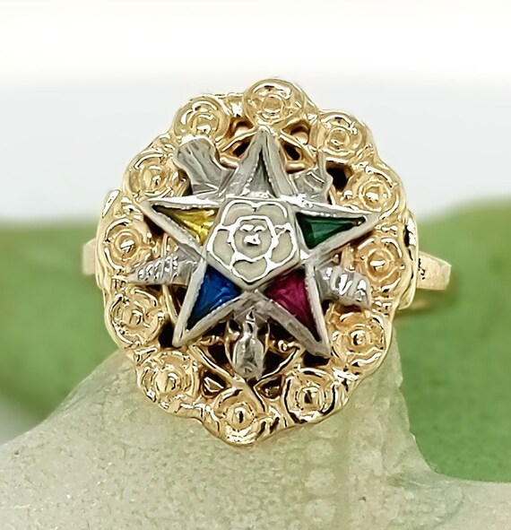Vintage Eastern Star Enamel Colored Stones Ring - image 5