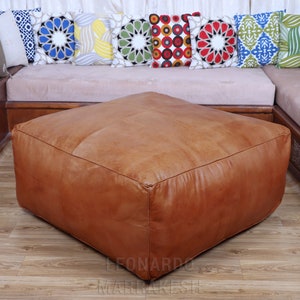 Large Ottoman Pouf Bohemian Furniture Genuine Leather Square Ottoman Square Footstool Ottoman Coffee Table image 1