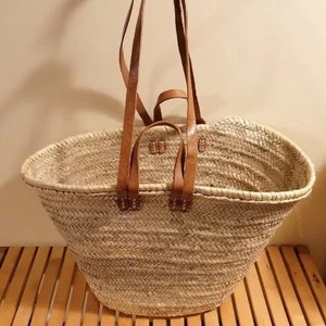 STRAW BAG Handmade with leather, French Market Basket, French market bag, Straw basket, French basket, grocery market bag image 10