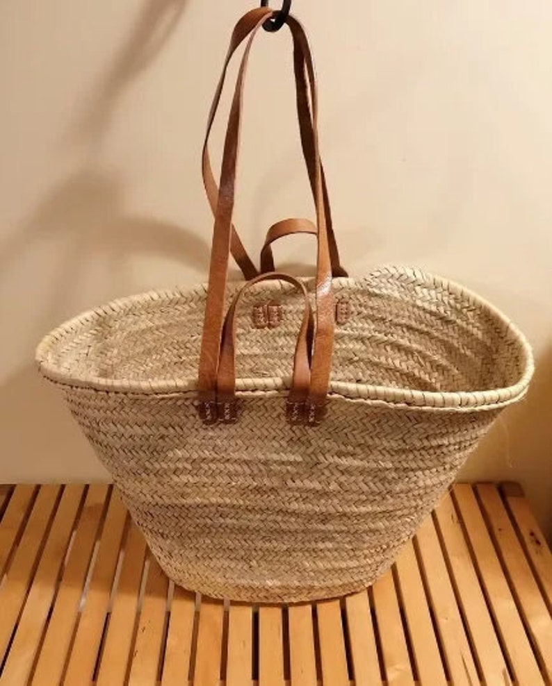 STRAW BAG Handmade with leather, French Market Basket, French market bag, Straw basket, French basket, grocery market bag image 10