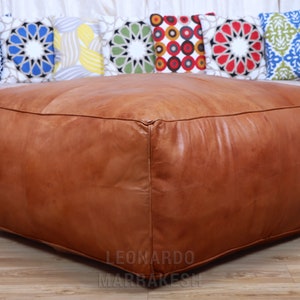 Large Ottoman Pouf Bohemian Furniture Genuine Leather Square Ottoman Square Footstool Ottoman Coffee Table image 3