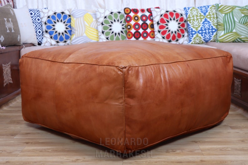 Large Ottoman Pouf Bohemian Furniture Genuine Leather Square Ottoman Square Footstool Ottoman Coffee Table image 3