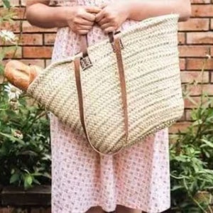 STRAW BAG Handmade with leather, French Market Basket, French market bag, Straw basket, French basket, grocery market bag image 9