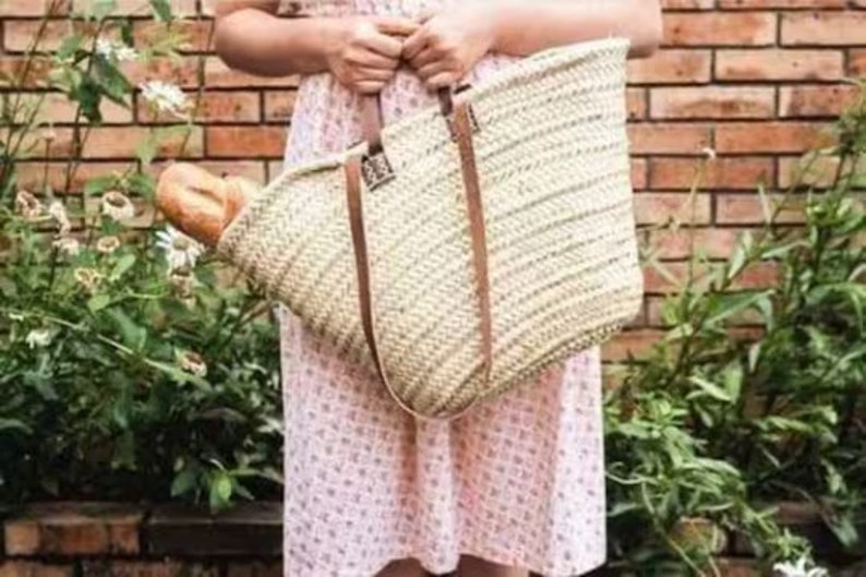 STRAW BAG Handmade with leather, French Market Basket, French market bag, Straw basket, French basket, grocery market bag image 9