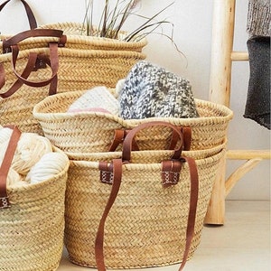 STRAW BAG Handmade with leather, French Market Basket, French market bag, Straw basket, French basket, grocery market bag image 2