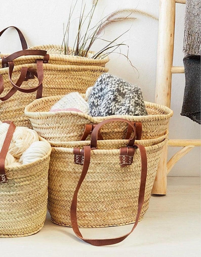 STRAW BAG Handmade with leather, French Market Basket, French market bag, Straw basket, French basket, grocery market bag image 2