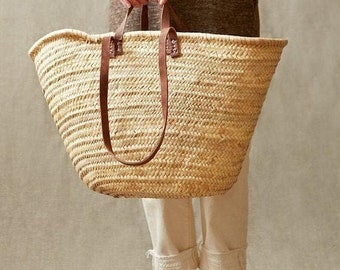 STRAW BAG Handmade with leather, French Market Basket, French market bag, Straw basket, French basket, grocery market bag