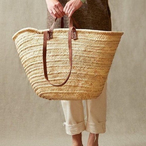 Lar Living Medium Natural Straw Woven French Market Basket with Leather Handle Storage Container Bag