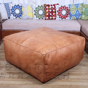 Genuine Leather Square Ottoman | Unstuffed Pouf | Large Ottoman Pouf | Square Footstool | Ottoman Coffee Table | Moroccan Leather Pouf