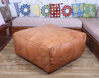 Genuine Leather Square Ottoman | Unstuffed Pouf | Large Ottoman Pouf | Square Footstool | Ottoman Coffee Table | Moroccan Leather Pouf