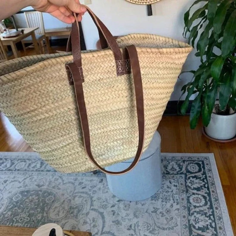 STRAW BAG Handmade with leather, French Market Basket, French market bag, Straw basket, French basket, grocery market bag image 8