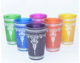 50 % RABATT, Set mit 6 marokkanischen Vintage-Teegläsern, Tassen im handgefertigten Stil mit mehreren Designs, Teekanne, Tabletts, Kobalt-Teegläser, Vintage-Teegläser