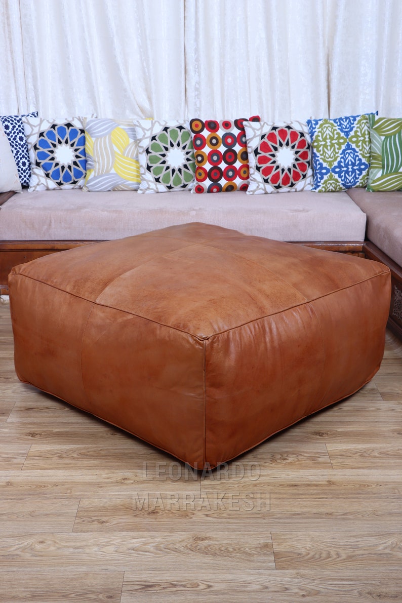 Large Ottoman Pouf Bohemian Furniture Genuine Leather Square Ottoman Square Footstool Ottoman Coffee Table image 7