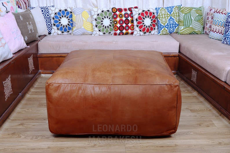 Large Ottoman Pouf Bohemian Furniture Genuine Leather Square Ottoman Square Footstool Ottoman Coffee Table image 2